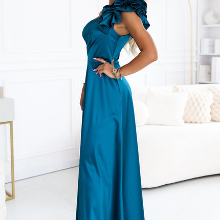 685-2 Satin one-shoulder maxi evening dress with a decorative ruffle - sea green