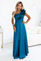685-2 Satin one-shoulder maxi evening dress with a decorative ruffle - sea green