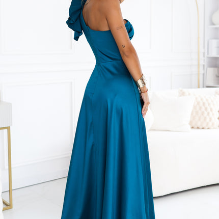 685-2 Satin one-shoulder maxi evening dress with a decorative ruffle - sea green