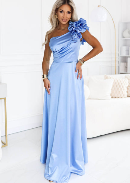 Light Blue Satin One-Shoulder Maxi Dress with Ruffle