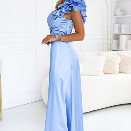 685-3 Satin one-shoulder maxi evening dress with a decorative ruffle - light blue