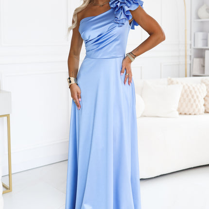 685-3 Satin one-shoulder maxi evening dress with a decorative ruffle - light blue