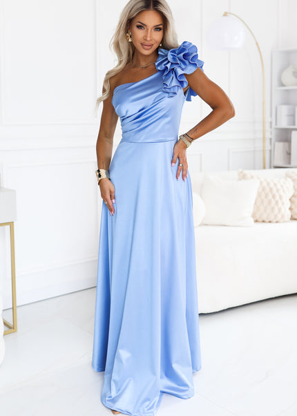 685-3 Satin one-shoulder maxi evening dress with a decorative ruffle - light blue