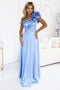 685-3 Satin one-shoulder maxi evening dress with a decorative ruffle - light blue