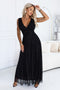 Black Glitter Tulle Evening Dress with V-Neck – Mirella