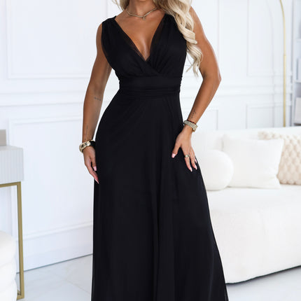 687-1 Elegant maxi dress with a wrap neckline and open back - black