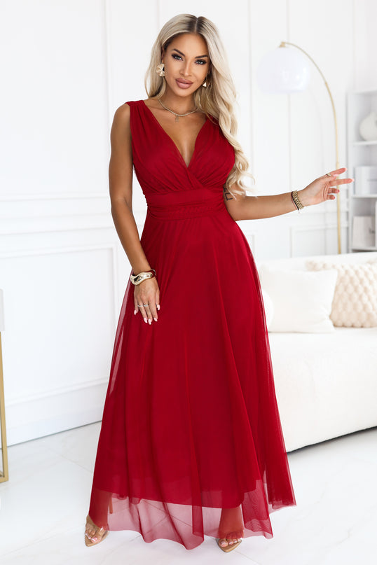 Light Burgundy Maxi Dress with Wrap Neckline and Open Back