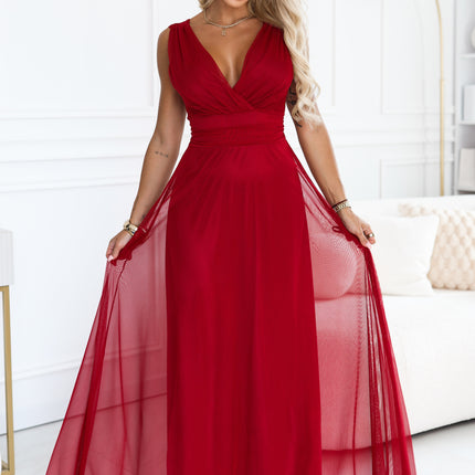 687-2 Elegant maxi dress with a wrap neckline and open back - light burgundy