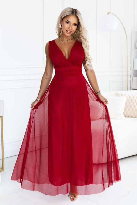 Light Burgundy Maxi Dress with Wrap Neckline and Open Back