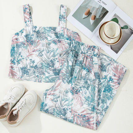 Green Tropical Palm Printed Cropped Tank Drawstring Wide Leg Pant Set