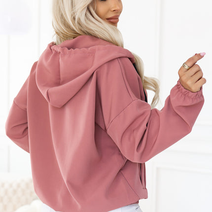 Dark Pink Zip-Up Hooded Sweatshirt with Decorative Zipper