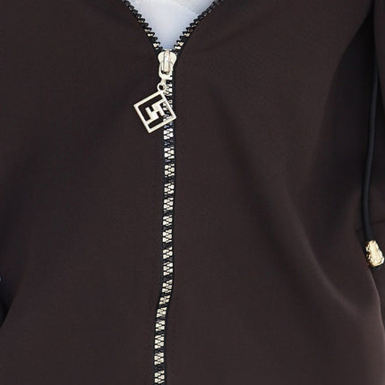 Chocolate Zip-Up Hooded Sweatshirt with Decorative Zipper