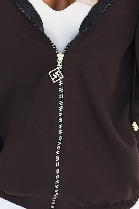 Chocolate Zip-Up Hooded Sweatshirt with Decorative Zipper