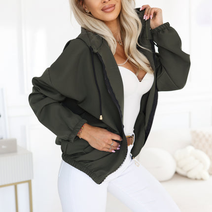 Khaki Zip-Up Hooded Sweatshirt with Decorative Zipper