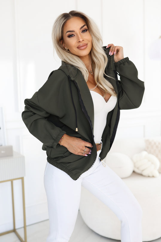 Khaki Zip-Up Hooded Sweatshirt with Decorative Zipper