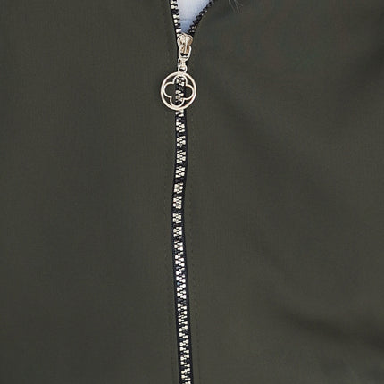 Khaki Zip-Up Hooded Sweatshirt with Decorative Zipper