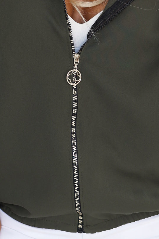 Khaki Zip-Up Hooded Sweatshirt with Decorative Zipper