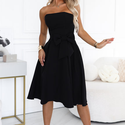 Black Strapless Midi Dress with Bow – Naya