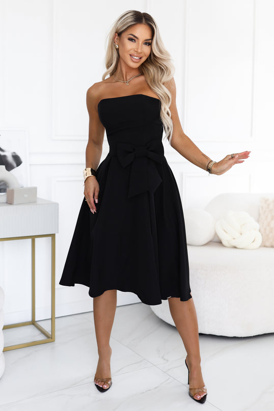 Black Strapless Midi Dress with Bow – Naya