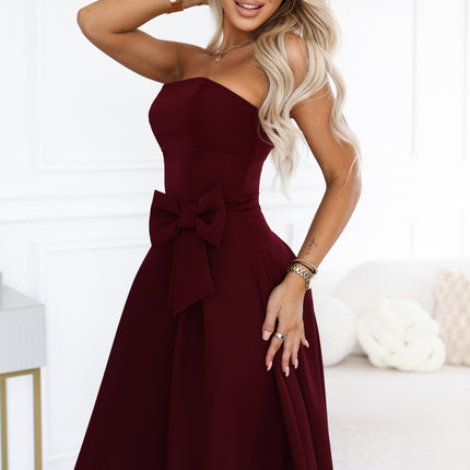 692-3 NAYA Elegant strapless corset midi dress with a bow - burgundy
