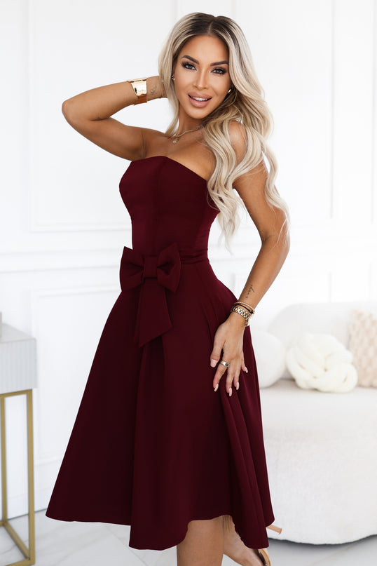 Burgundy Strapless Midi Dress with Bow – NAYA