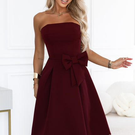 692-3 NAYA Elegant strapless corset midi dress with a bow - burgundy