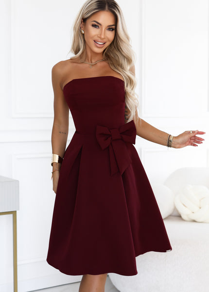 692-3 NAYA Elegant strapless corset midi dress with a bow - burgundy