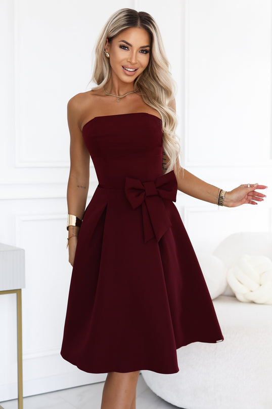 Burgundy Strapless Midi Dress with Bow – NAYA