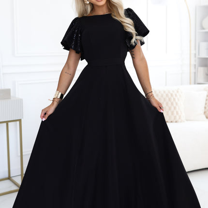 Black Maxi Dress with Sequin Sleeves – Mirella
