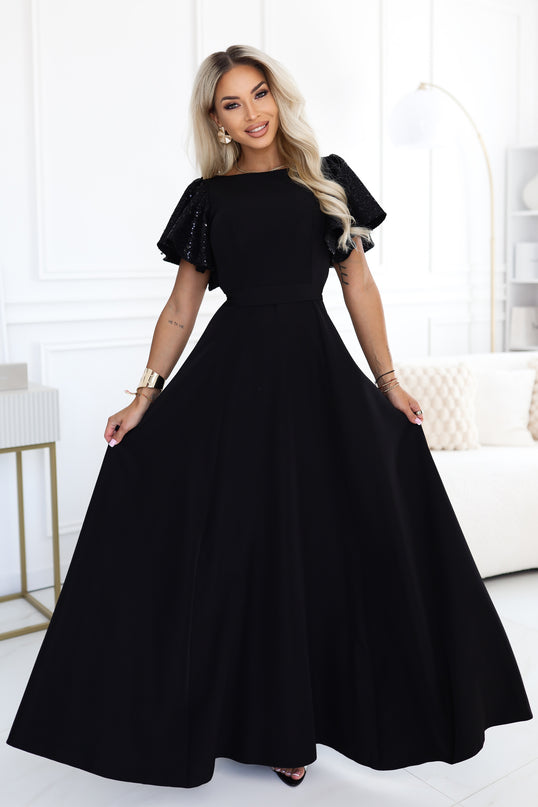 Black Maxi Dress with Sequin Sleeves – Mirella