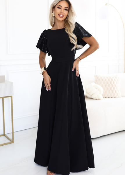 Black Maxi Dress with Sequin Sleeves – Mirella