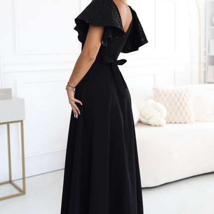 Black Maxi Dress with Sequin Sleeves – Mirella