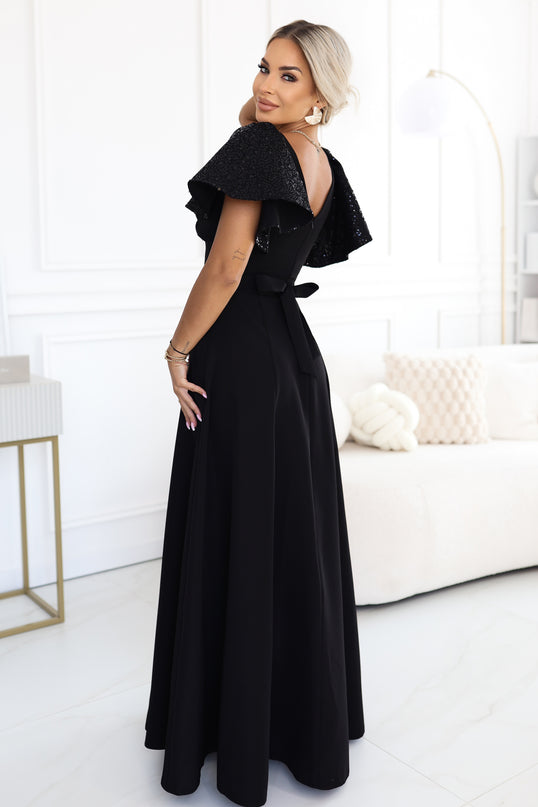 Black Maxi Dress with Sequin Sleeves – Mirella