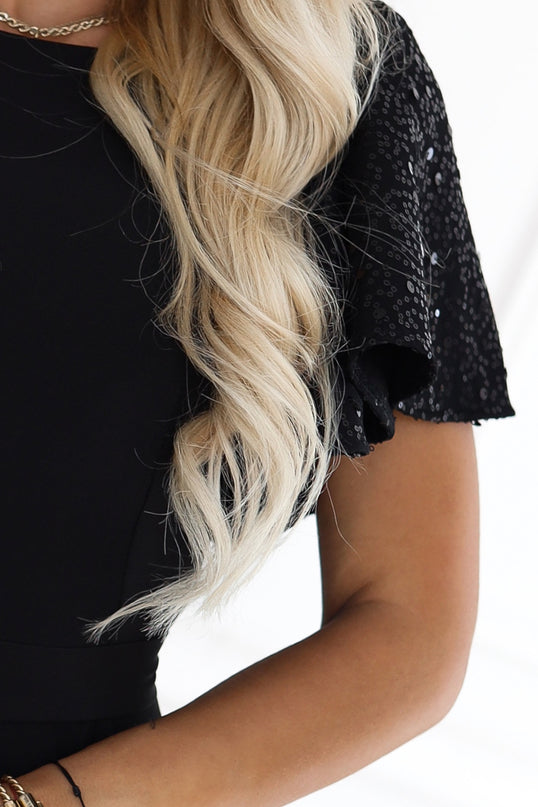 Black Maxi Dress with Sequin Sleeves – Mirella
