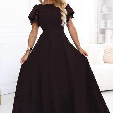 Chocolate Brown Maxi Dress with Sequin Sleeves – Mirella