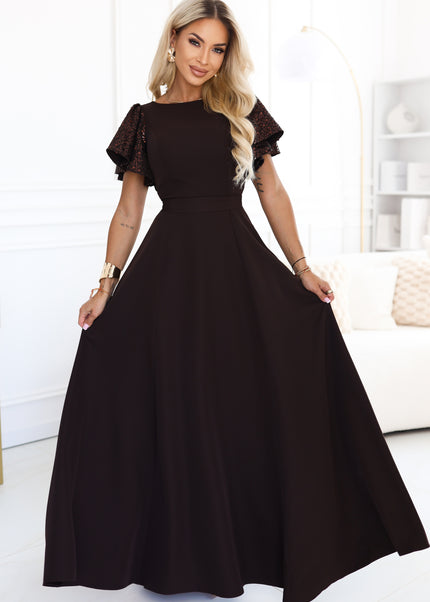 Chocolate Brown Maxi Dress with Sequin Sleeves – Mirella