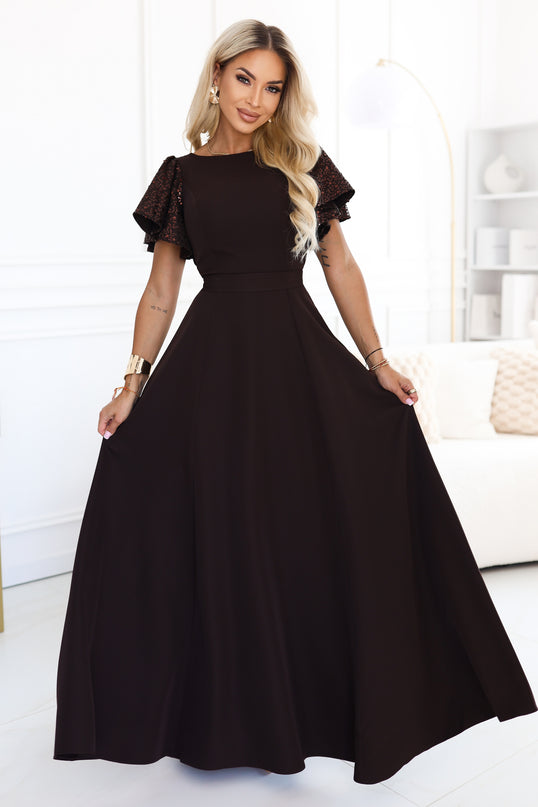 Chocolate Brown Maxi Dress with Sequin Sleeves – Mirella
