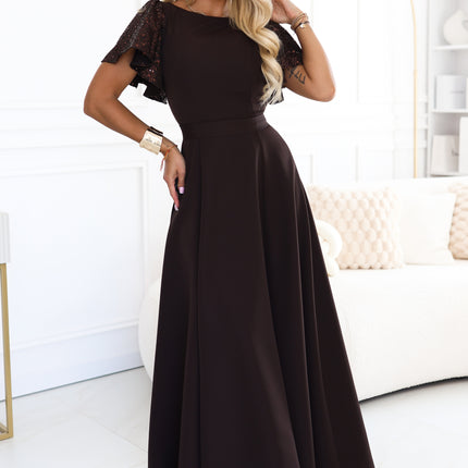 Chocolate Brown Maxi Dress with Sequin Sleeves – Mirella