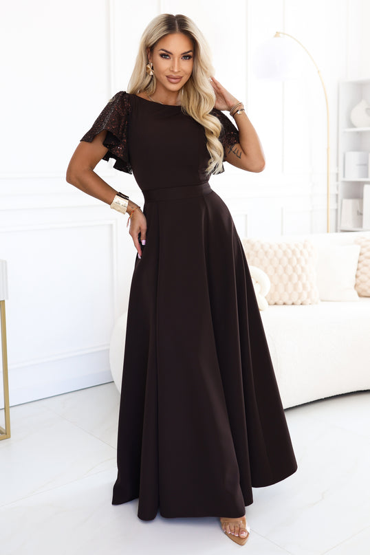 Chocolate Brown Maxi Dress with Sequin Sleeves – Mirella