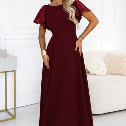 694-3 MIRELLA Elegant flared maxi dress with sequin sleeves - burgundy