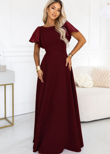 694-3 MIRELLA Elegant flared maxi dress with sequin sleeves - burgundy
