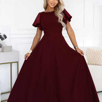 694-3 MIRELLA Elegant flared maxi dress with sequin sleeves - burgundy