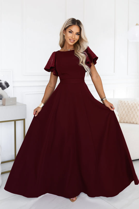 Burgundy Flared Maxi Dress with Sequin Sleeves – Mirella