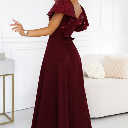 694-3 MIRELLA Elegant flared maxi dress with sequin sleeves - burgundy