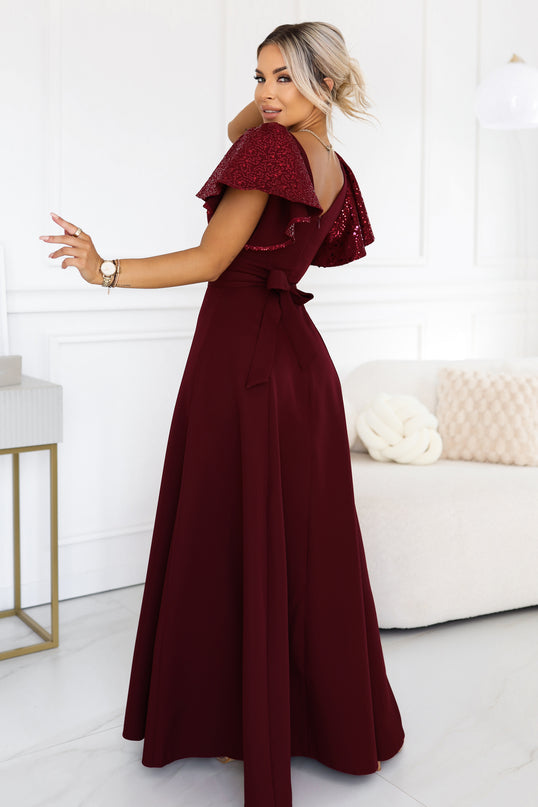 Burgundy Flared Maxi Dress with Sequin Sleeves – Mirella