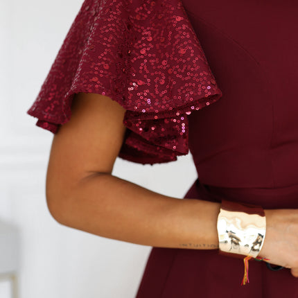 694-3 MIRELLA Elegant flared maxi dress with sequin sleeves - burgundy