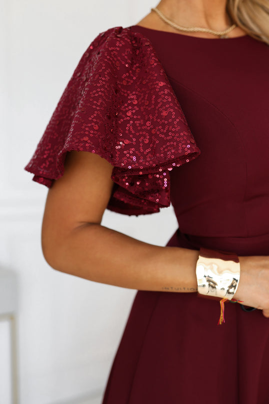 Burgundy Flared Maxi Dress with Sequin Sleeves – Mirella