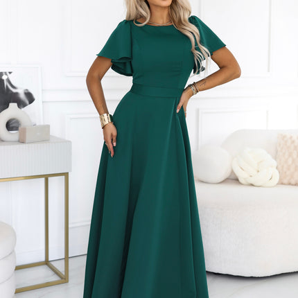 Bottle Green Flared Maxi Dress with Short Sleeves – Mirella