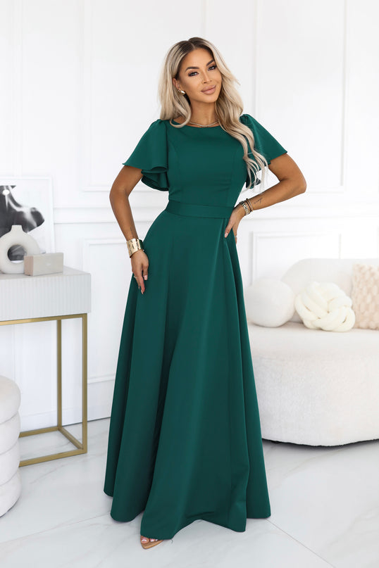 Bottle Green Flared Maxi Dress with Short Sleeves – Mirella