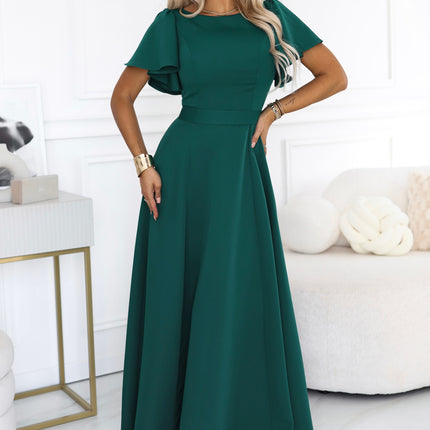 Bottle Green Flared Maxi Dress with Short Sleeves – Mirella